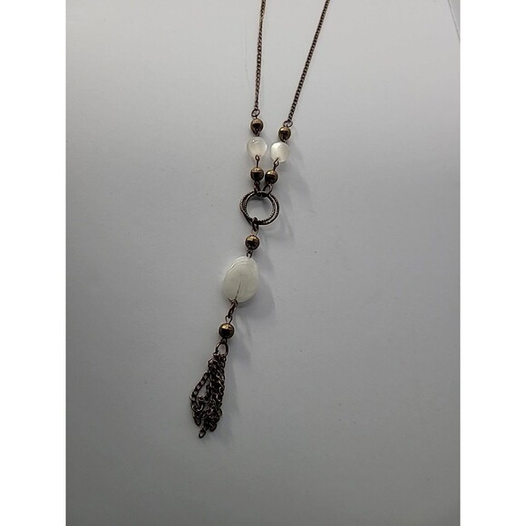 Vintage Gold Tone Tassel Necklace White Bead Boho Statement Pendant Jewelry - Picture 11 of 13